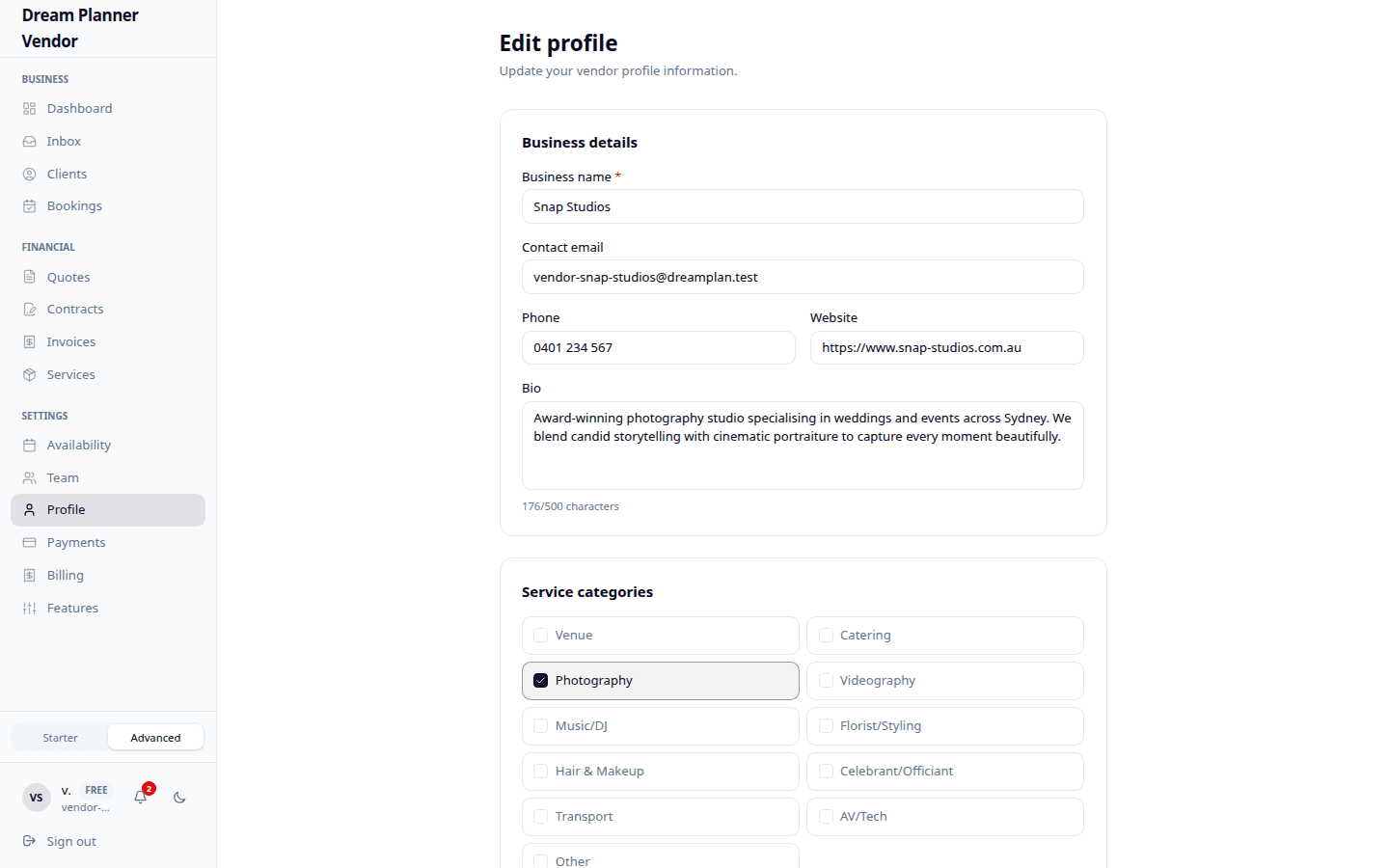 Vendor profile edit